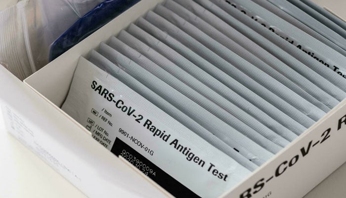 A box with rapid antigen tests for the coronavirus (Covid-19), at the university hospital in Halle/Saale, eastern Germany. AFP