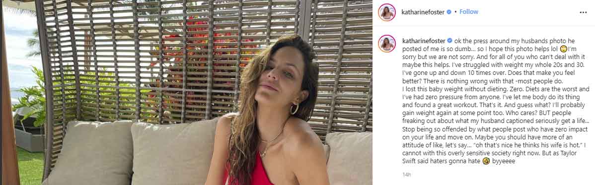 Katharine Foster quotes Taylor Swift as she defends husband