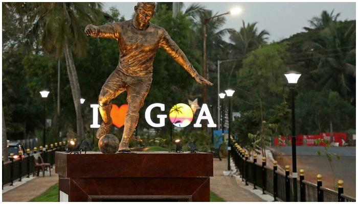 The newly installed statue of Portuguese footballer Cristiano Ronaldo in Calangute. — AFP