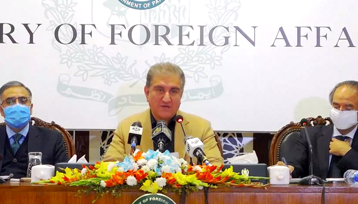Foreign Minister Shah Mahmood Qureshi addressing a press conference in Islamabad, on January 3, 2021. — Facebook