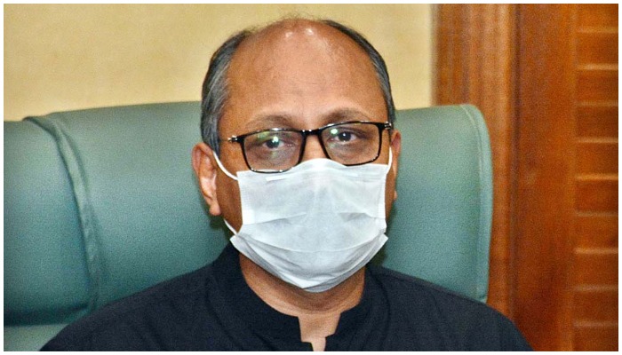 Sindh Minister for Information Saeed Ghani addressing a press conference at the Sindh Assembly in Karachi, on April 5, 2021. — APP/File