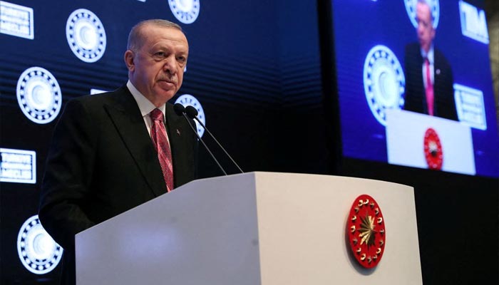 Turkish President Tayyip Erdogan addresses businesspeople during a meeting in Istanbul, Turkey January 3, 2022. — Reuters/File