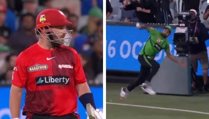 Fast bowler Haris Rauf displayed fantastic athleticism in the Australian Big Bash League (BBL) by pulling off a stunning catch that dismissed Aaron Flinch. Photo: Screengrab/TwitterVideo