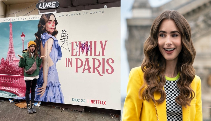 Lily Collins berpose di sebelah poster grafiti 'Emily In Paris' di New York