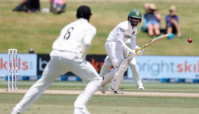 Mominul Haque Bangladesh plays a shot on the fifth day of the first cricket Test match between New Zealand and Bangladesh at the Bay Oval in Mount Maunganui on January 5, 2022. — AFP