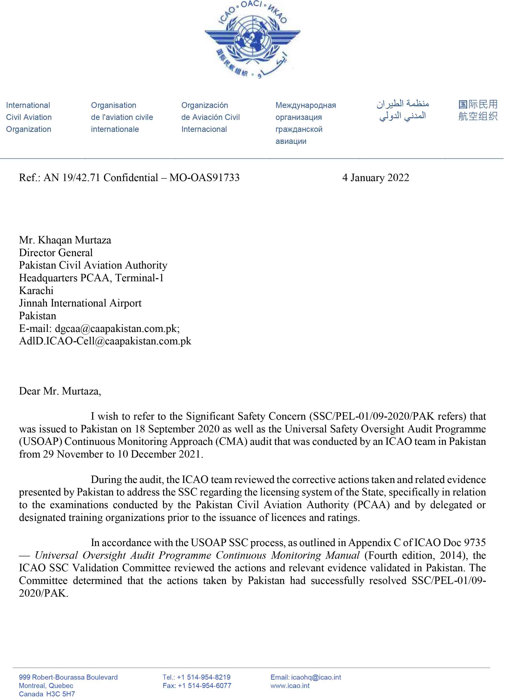 The image shows the ICAO letter written to CAA.