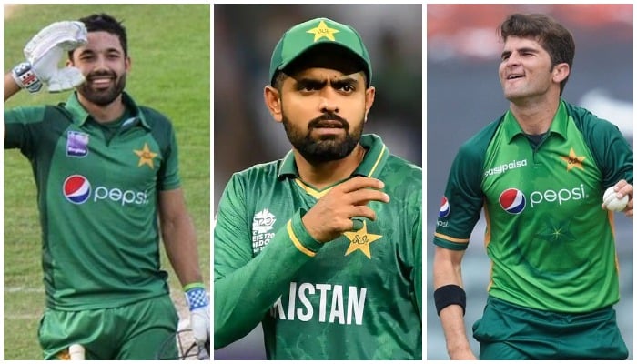 (L-R) Pakistan wicketkeeper-batter Mohammad Rizwan, skipper Babar Azam and fast bowler Shaheen Shah Afridi. — Twitter/AFP