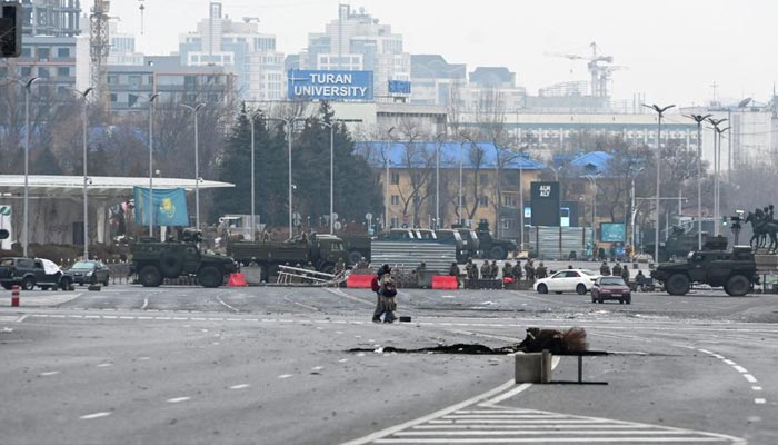 Kazakh service members stand guard in a square following the protests triggered by fuel price increase in central Almaty, Kazakhstan January 7, 2022. — Reuters/File