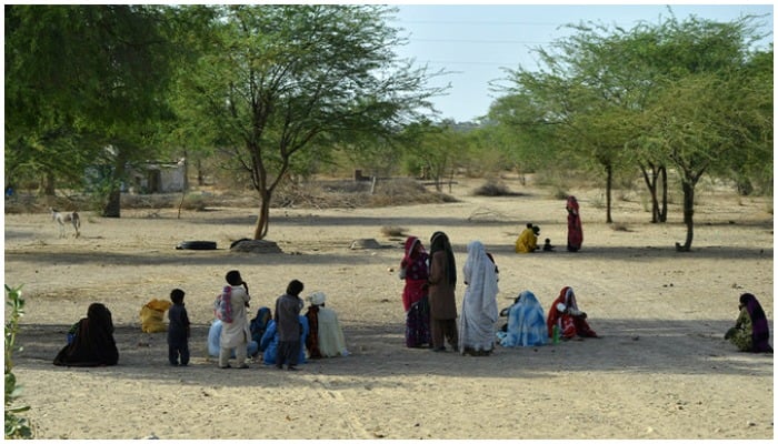 Pakistani villagers sit under trees on a hot summer day at Islamkot in Tharparkar district in Sindh province on May 22, 2018.— AFP/File