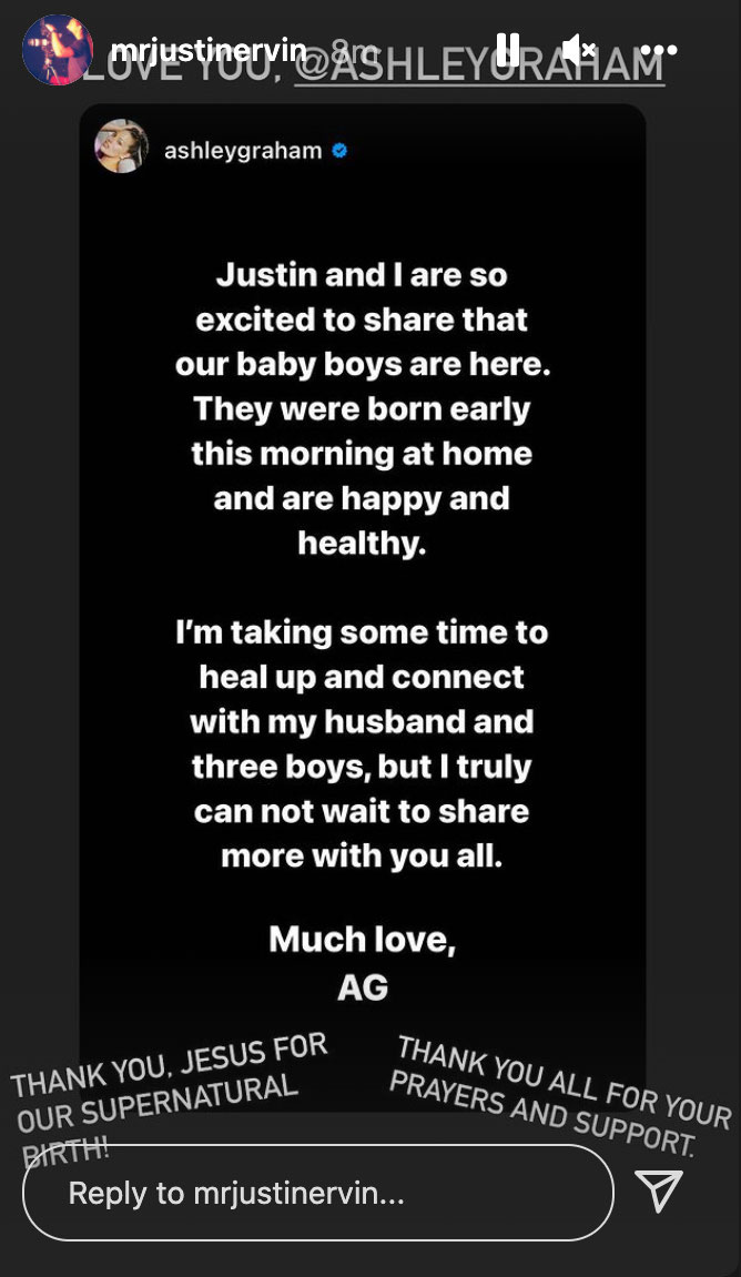 Ashley Graham welcomes twins alongside husband Justin Ervin