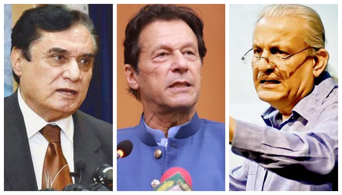 National Accountability Bureau (NAB) Chairman Justice (retd) Javed Iqbal (left),Prime Minister Imran Khan (centre), andex-Senate chairman Raza Rabbani. — APP/PID/File