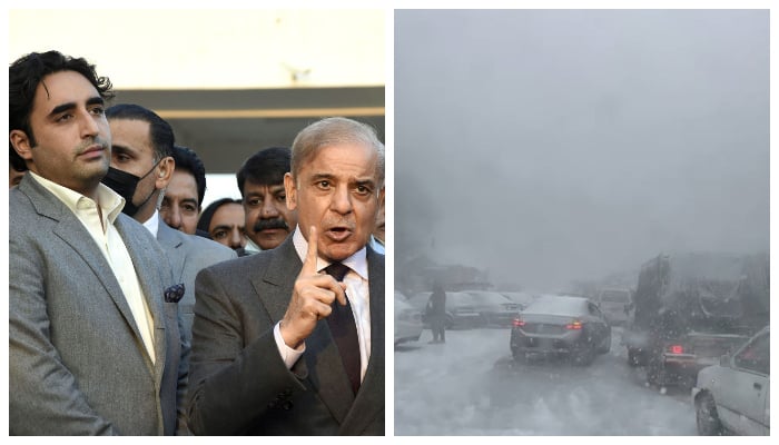 PPP Chairman Bilawal Bhutto-Zardari and PML-N President Shahbaz Sharif addressing a press conference outside the National Assembly on November 17, 2021 (left) and stranded vehicles in Murree due to heavy snowfall in the hill station. — Online/Twitter