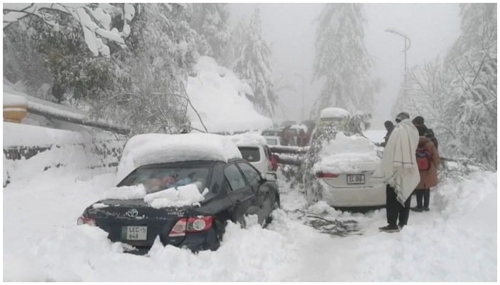 People stand next to cars stuck under fallen trees on a snowy road, in Murree, northeast of Islamabad, Pakistan in this still image taken from a video January 8, 2022. — Reuters