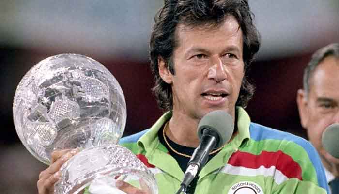Then captain, now prime minister, Imran Khan with the 1992 World Cup trophy. — Twitter