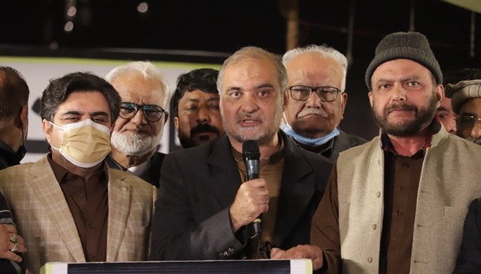 Sindh Local Government Minister Syed Nasir Hussain Shah (from left), JI Karachi chief Hafiz Naeem-ur-Rehman, and JI Karachi leader Usama Raza during a media talk in Karachi, on January 9, 2021. Photo: Facebook