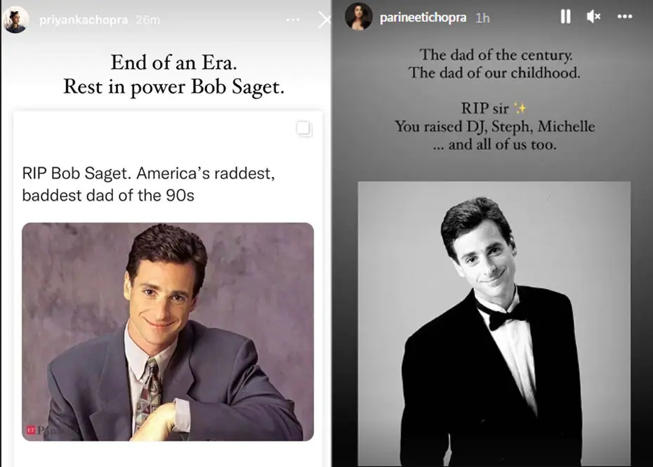 Priyanka Chopra and Parineeti Chopra paid tribute to Bob Saget on their Instagram Stories