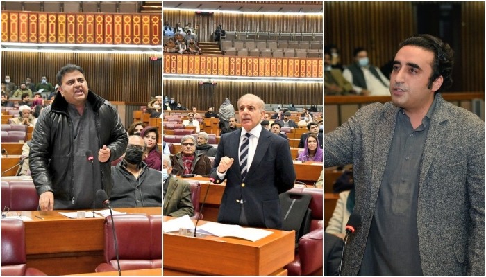 Minister for Information and Broadcasting Fawad Chaudhry (L), Leader of the Opposition Shahbaz Sharif (C), and PPP Chairman Bilawal Bhutto-Zardari (R) speaking during a session of the National Assembly on January 10, 2022, in Islamabad. — Twitter/National Assembly of Pakistan
