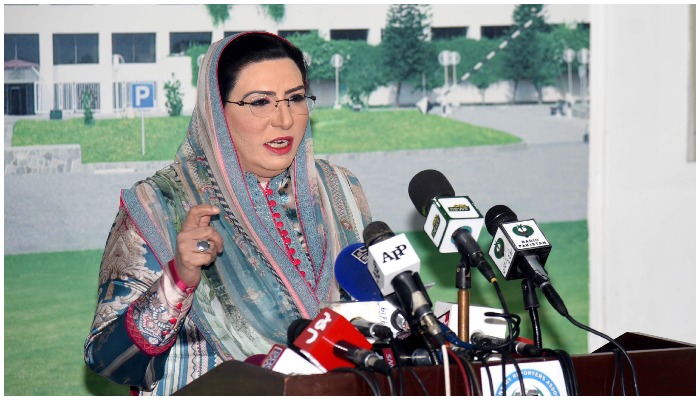 Former special assistant to the prime minister on information and broadcasting, Dr Firdous Ashiq Awan talking to media in Islamabad on March 4,2020. — PID/File