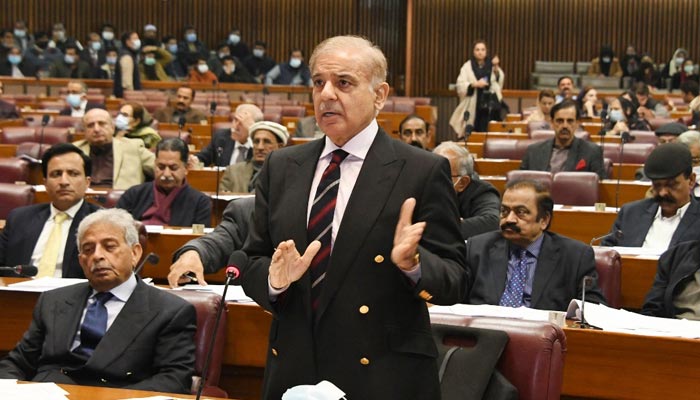 Leader of the Opposition in National Assembly and PML-N President Shahbaz Sharif speaking during a session of National Assembly in Islamabad on January 11, 2022. — Twitter/NAofPakistan