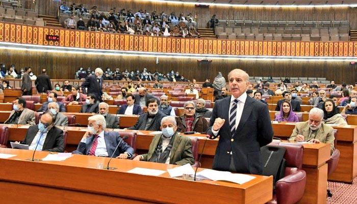Leader of the Opposition in National Assembly and PML-N President Shahbaz Sharif speaking during a session of National Assembly in Islamabad on January 10, 2022. — Twitter/NAofPakistan