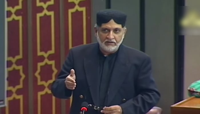 Balochistan National Party-Mengal (BNP-M) chief Akhtar Mengal addressing during a session of the National Assembly in Islamabad, on January 12, 2021. Photo: Screengrab/ YouTube
