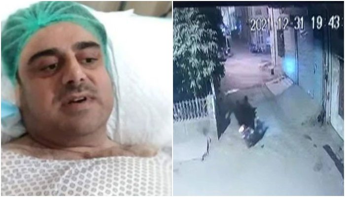 Snapshot showing Bilal Yaseen lying on a hospital bed (L) while the second picture shows a still from a CCTV footage of the crime — Screengrab via Geo News.