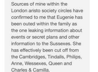 Princess Eugenie is disliked by royals for leaking information to Prince Harry and Meghan?