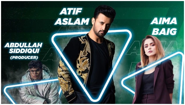 Snapshot showing producer of PSL antherm Abdullah Siddiqui, lead singers Atif Aslam and Aima Baig — PSL