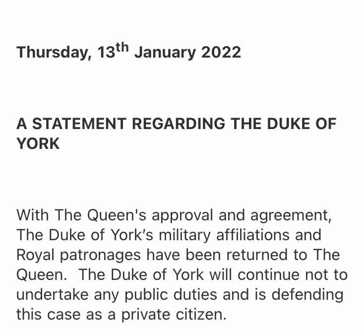 Prince Andrew issues statement after Queen Elizabeth strips him of royal and military titles