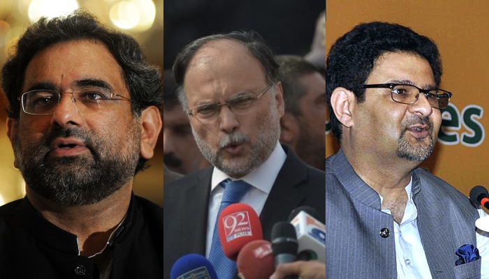 Pemimpin PML-N Shahid Khaqan Abbasi (kiri), Ahsan Iqbal (tengah) dan Miftah Ismail.  (Kanan)— AFP/APP