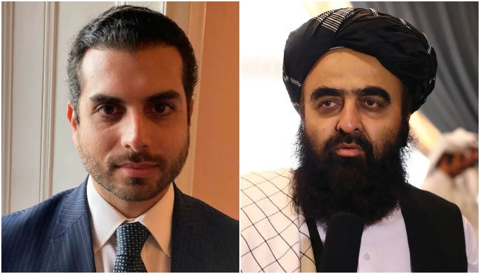 Foto kombo yang menunjukkan Ali Maisam Nazary, kepala hubungan luar negeri Front Perlawanan Nasional (kiri) dan menteri luar negeri Taliban, Amir Khan Muttaqi.  — Twitter/AFP