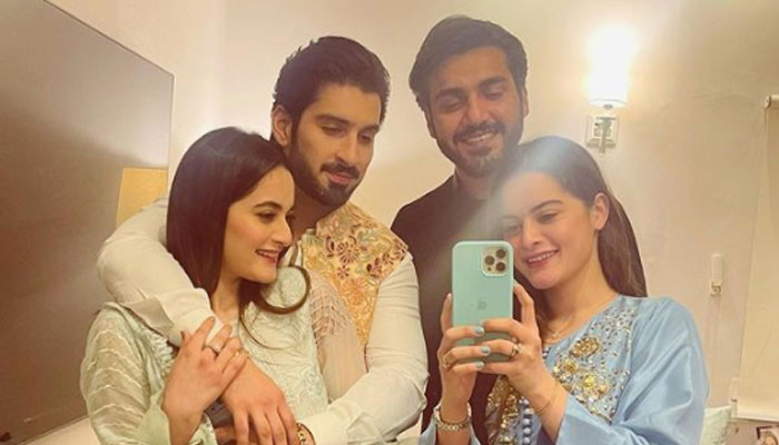 Aiman Khan, Minal Khan pose with their hubbies in picture-perfect selfie: Photo - Vimarsana News
