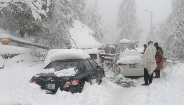 Cars stranded in Murree after a snow blizzard hit the Pakistans hill city.— Reuters/File