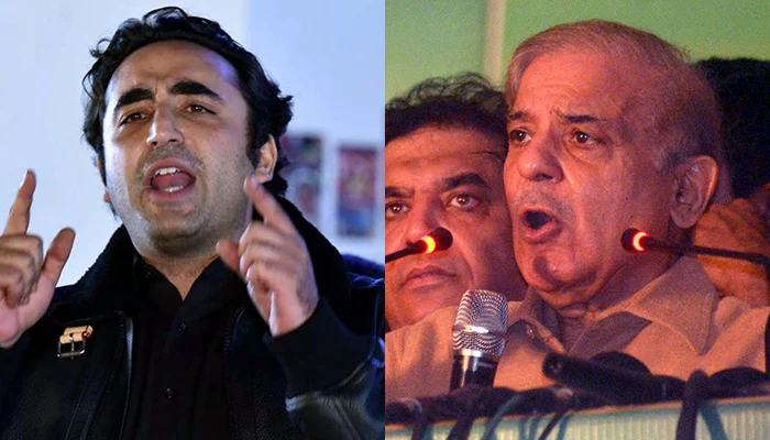 PPP Chairman Bilawal Bhutto Zardari addresses a public gathering in Garhi Khuda Bux on December 27, 2021 (left) and PML-N President Shahbaz Sharif addresses a party workers convention held in Rawalpindi on September 26, 2021. — PPI/File