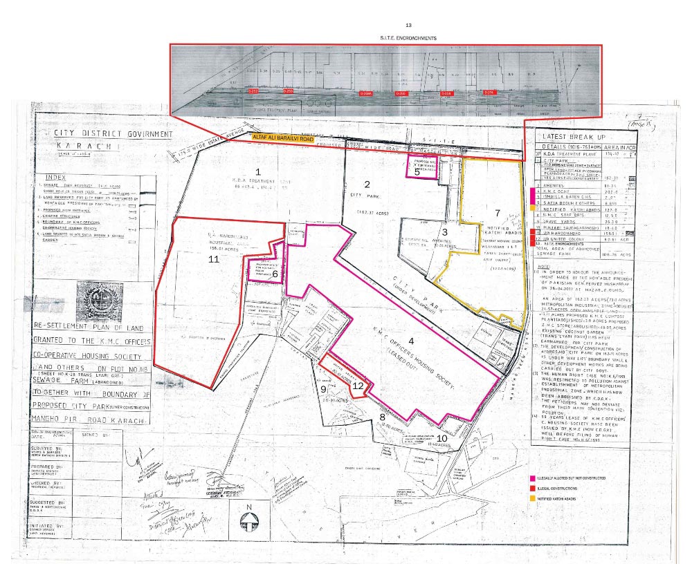 Details of various encroachments and notified residential colonies on the Gutter Baghica on a 2008 map. — Shehri-CBE