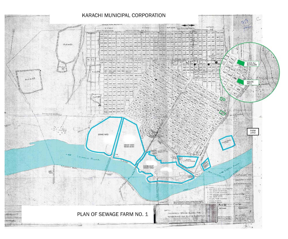 A 1946 map of the Gutter Baghicha shows plotting of farms on the land and its adjacent cemeteries. — Shehri-CBE