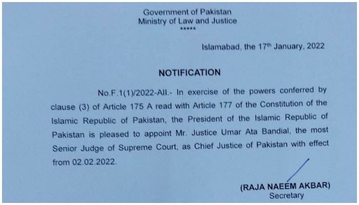 Law ministry issues notification for Justice Bandials elevation as CJP