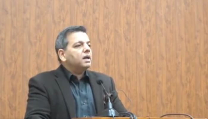Punjab Education Minister Murad Ras speaking at a press conference. Photo: Screengrab/TwitterVideo