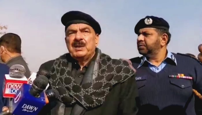 Interior Minister Sheikh Rasheed speaks to journalists after attending the funeral prayers of a martyred police official in Islamabad, on January 18, 2021. — Twitter/ShkhRasheed