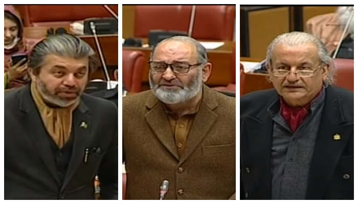 Minister of State for Parliamentary Affairs Ali Muhammad Khan (left),JIs Senator Mushtaq Ahmed (centre) andPPP Senator Raza Rabbani (left). — YouTube/HumNewsLive