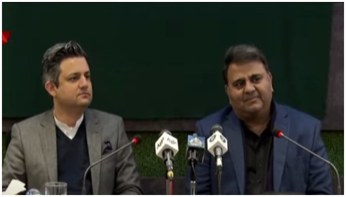 Federal Energy Minister Hammad Azhar and Federal Minister for Information and Broadcasting Fawad Chaudhry addressing a press conference after a meeting of the Federal Cabinet in Islamabad on Tuesday, January 18, 2022. — Screengrab via Hum News Live