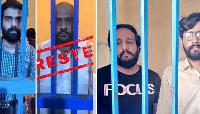 Usman Mirza and his accomplices pictured behind bars. Photo: Islamabad Police