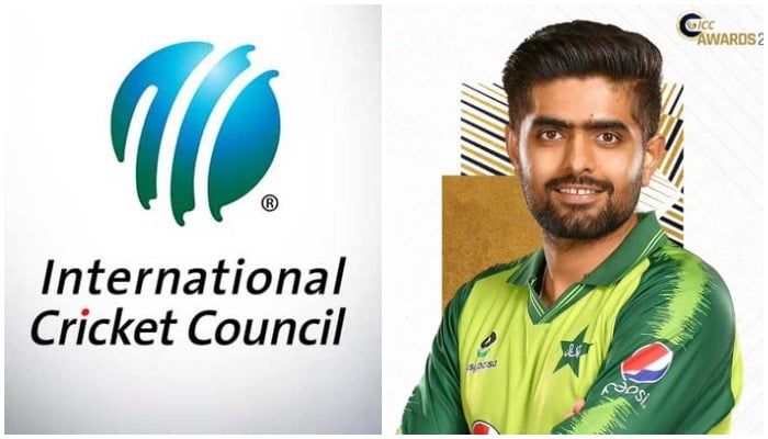 A combo of pictures of ICC logo and Pakistan skipper Babar Azam. — Twitter