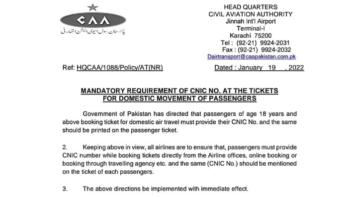 Govt mandates passengers CNIC numbers to be printed on domestic airline tickets
