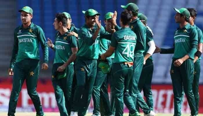 Pakistani players celebrate after taking a wicket during the U19 World Cup 2022 match against Afghanistan. Photo: PCB