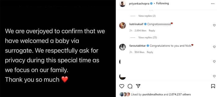 Katrina Kaif felicitates Priyanka Chopra as she welcomes first child