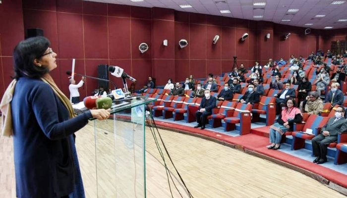 Dr Sania Nishtar speaking at an Ehsaas Socioeconomic Registry at BISP Headquarters in Islamabad. Photo: File