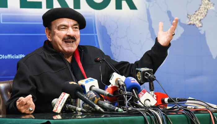 Federal Minister for Interior Sheikh Rasheed addressing a press conference in Islamabad on January 22, 2022. — PID/File