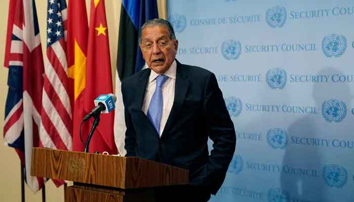 Pakistans ambassador to the United Nations Munir Akram speaks outside a UN security council meeting on Afghanistan on August 16, 2021 at the United Nations in New York. — AFP/File