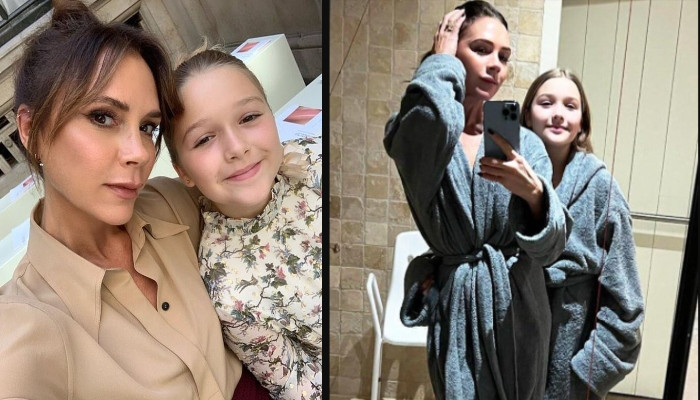 Victoria Beckham kembar dengan putri Harper dalam jubah nyaman saat mereka menikmati hari spa